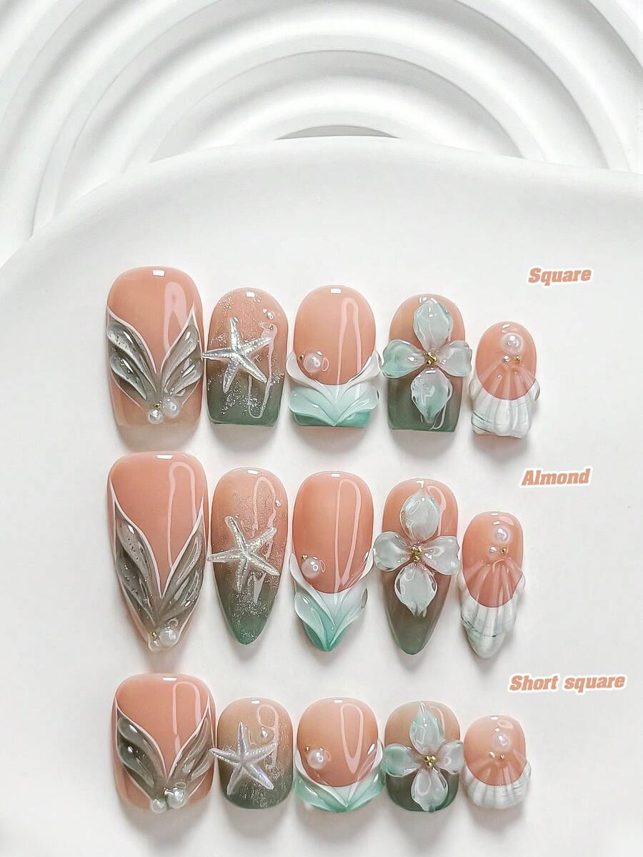 10片裝自然清新風手工穿戴甲,Polygel美甲套組,海星與花瓣設計,青色指甲油,度假風,附美甲工具,3種尺寸可選,方型/短方型/杏仁形,適合派對、跳舞、日常配戴 - 彩色 - 查看 1