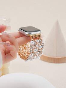 1pc Women/Girls Fashion Unique Faux Pearl Full Rhinestone Elastic Watch Band, Compatible With Apple Watch Series 11 10 9 8 7 6 5 4 3 2 1 And Ultra 1/2/3 SE Series (Applicable Sizes: 38mm 40mm 41mm 42mm 44mm 45mm 46mm 49mm). Exquisite Wristband Replacement Accessory, Perfect Gift For Girlfriend, Friends And Family, Suitable For Valentine's Day, Birthday And Mother's Day (Band Only). - Gold - View 3