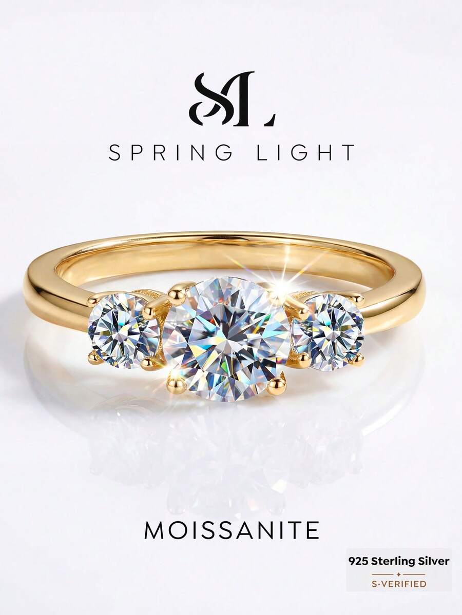 1 chiếc nhẫn đính hôn 3 viên đá Moissanite tổng trọng lượng 2 carat, bạc S925 kiểu dáng tối giản lãng mạn, nhẫn vĩnh cửu, nhẫn kỷ niệm ngày cưới, quà tặng trang sức cao cấp. - Vàng - Xem 1