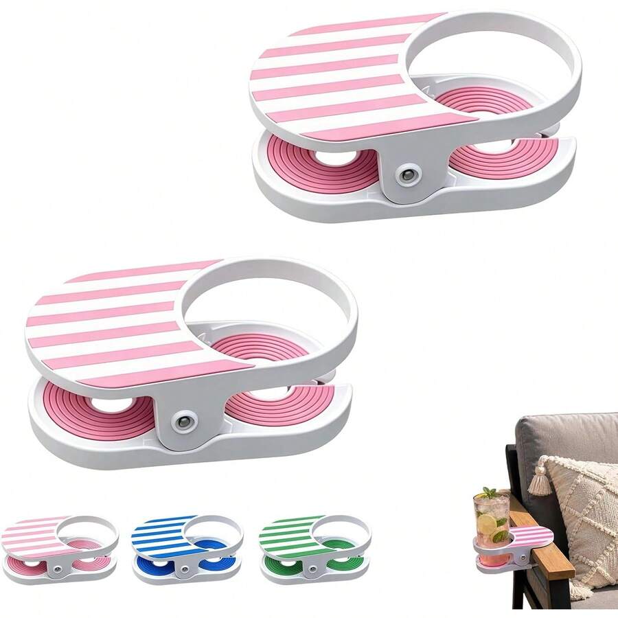 Mainstays Clip-On Drink Holder - Secure Your Beverage Anywhere, Beach Chair Cup Holder, Beach Cup Holders For Desk Table Pool Lounge Outdoor Cruise Use (Pink 2PCS) - Green 1PC - View 1