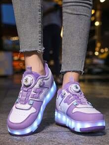 Girls 4-Wheel Roller Shoes, New Style Children's Roller Sports Shoes, Fashionable Rotating Buckle Adjustable Roller Skates, PU Leather Lightweight Durable Hidden Roller Shoes, All-Season LED Light-Up Shoes, USB Rechargeable With Light Switch, Detachable Wheels, 2-In-1 Roller Skates, Inline Skates, Sports Shoes With Wheels - Purple - View 2