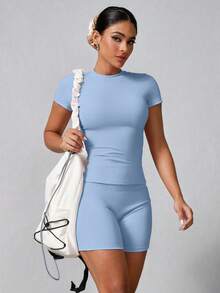 2pcs/Set Women's Simple Solid Color Short Sleeve & Shorts Sports Set, Sky Blue Fashionable Outdoor Sports Outfit, Sexy Versatile Fitness Girl, Suitable For Gym, Workout, Training, Summer Outdoor Running, Indoor Sports, All Seasons Wear - Baby Blue - View 6