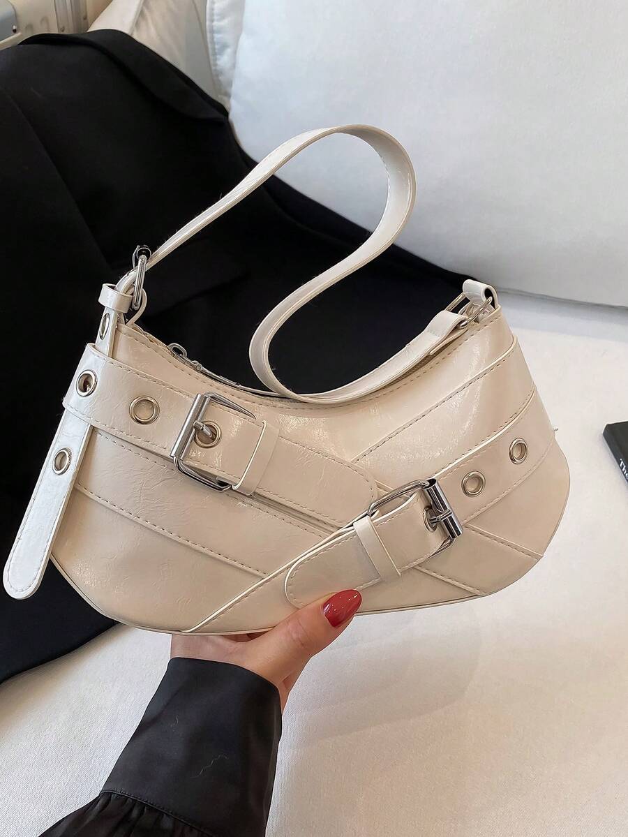 Minimalist Crescent Shoulder Underarm Bag 2025 Korean Style Fashion Textured Large Capacity Solid Color Casual New Handbag For Women - White - View 1