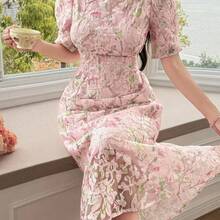 xuehuamaoyi02  Vestido largo de cuello redondo con textura elegante para mujer, adecuado para vestidos de verano de primavera y verano - Rosa - Ver 2