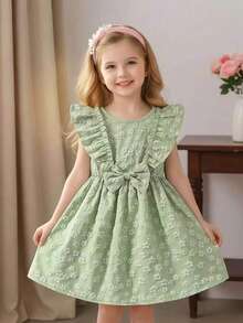 Young Girls' Spring/Summer Jacquard Bow Decor Mini Dress - Green - View 2