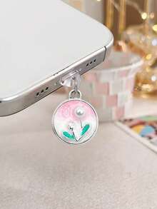 Gradient Oil Painting Faux Pearl Flower Phone Dust Plug, Garden Style Phone Charging Port Decoration Anti-Lost Pendant, Universal For All Phone Models - Multicolor - View 7
