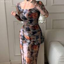 Soqi Women's Clothing Vestido con estampado floral de primavera y verano, vestido elegante de manga larga transparente con dobladillo de sirena ajustado para festival de música, boda, fiesta, vestido de paseo - Morado - Ver 5
