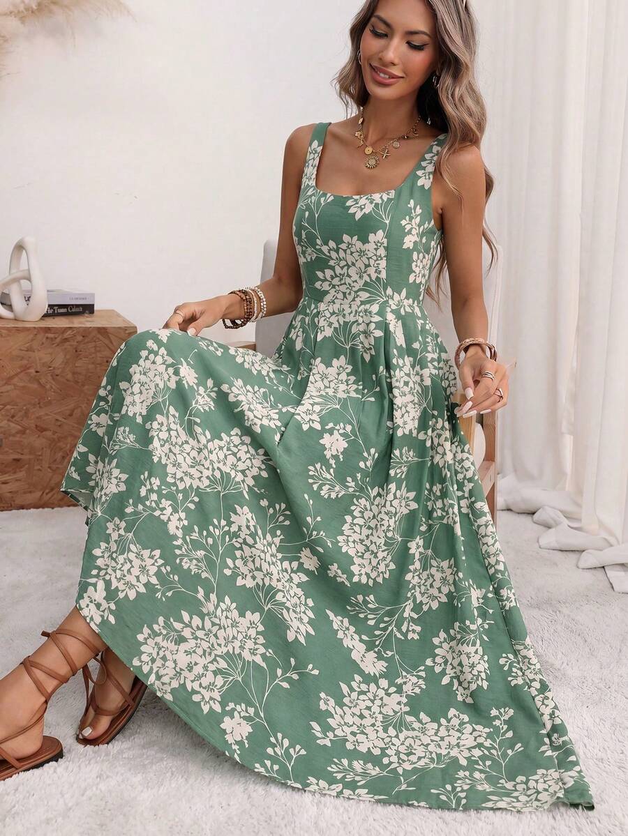 A-Line Midi Dress With Pleated Back, Fitted Waist, Wide Straps And U-Neck, With Back Adjustment, In A Romantic Style Of Large Polka Dots, Elegant Retro French Minimalist, Suitable For Office, Travel, Business, Casual, Beach, Resort, Spring/Summer - 綠色 3 - 查看 1