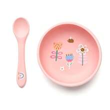 Baby Silicone Feeding Bowl With Spoon Cute Pattern Infant Tableware Yellow Pink Optional Baby Eating Bowl Set - 彩色 - 查看 10