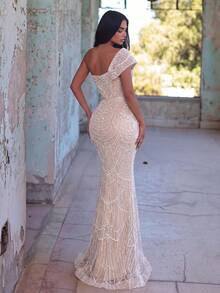 Faeriesty Elegant Off-Shoulder Pearl-Embellished Evening Gown, Transparent Mesh Fishtail Train, Perfect For Red Carpet, Gala, Wedding, Awards Ceremony Party - Champagne - View 3