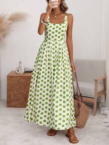 A-Line Midi Dress With Pleated Back, Fitted Waist, Wide Straps And U-Neck, With Back Adjustment, In A Romantic Style Of Large Polka Dots, Elegant Retro French Minimalist, Suitable For Office, Travel, Business, Casual, Beach, Resort, Spring/Summer - 綠色的 - 查看 1
