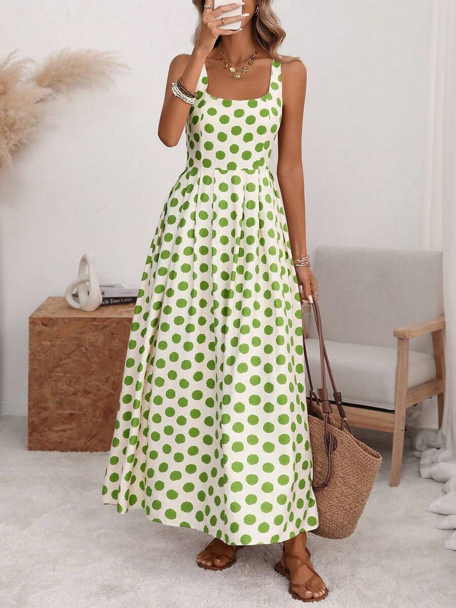 A-Line Midi Dress With Pleated Back, Fitted Waist, Wide Straps And U-Neck, With Back Adjustment, In A Romantic Style Of Large Polka Dots, Elegant Retro French Minimalist, Suitable For Office, Travel, Business, Casual, Beach, Resort, Spring/Summer - 綠色的 - 查看 1