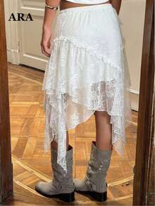 ARA CHIC Women's White Lace Asymmetric Ruffle Hem Skirt, Elegant Bohemian Style, Spring/Summer New Arrival - White - View 7