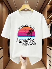 Camisetas de talla para hombre,% algodón, estilo tropical, estampadas, de cuello redondo y manga corta, con diseño de palmeras y atardecer, temática de verano. Camiseta cómoda y casual para el verano. - Negro - Ver 2