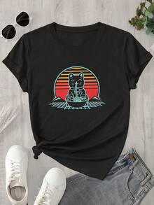 Top de mujer de manga corta y cuello redondo con estampado del logo del universo perforado, apto para todas las estaciones. - Negro - Ver 1