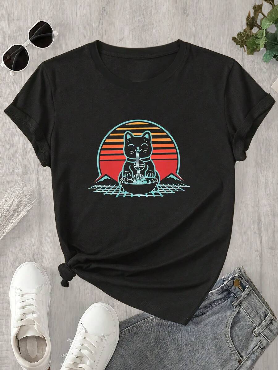 Top de mujer de manga corta y cuello redondo con estampado del logo del universo perforado, apto para todas las estaciones. - Negro - Ver 1