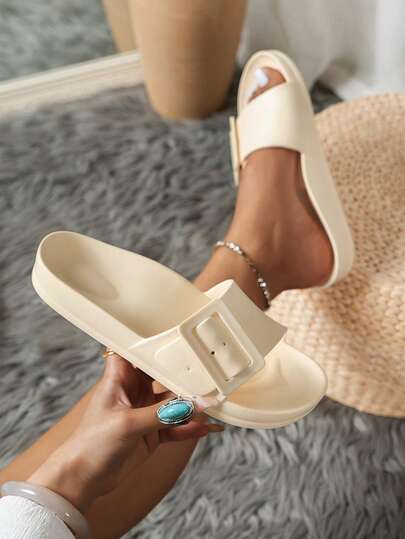 Sandals nữ bệt thời trang tối giản màu be trơn mùa hè mới, phong cách casual thanh lịch, có khóa cài điều chỉnh, phù hợp đi ngoài trời, đi biển, hồ bơi và làm dép đi trong nhà