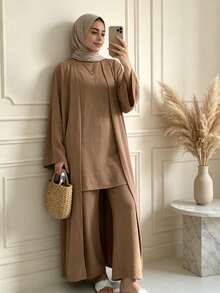 3 Pieces Modest Clothing Set Including Long Abaya, Sleeveless Short Tank Top And Matching Trousers - Multicolor - View 8