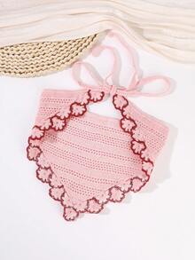 1件夏季針織花卉刺繡三角頭巾女款，髮巾，日常旅行度假防曬，清新風格髮飾 - 粉色 - 查看 3