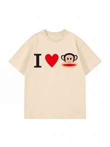 女款夏季T恤，可愛卡通猴子與「I Love Monkey」愛心印花寬鬆休閒T恤，適合日常穿著與情人節 - 杏色 - 查看 5