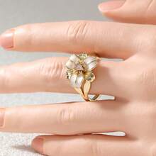 Enamel Lily Zirconia Inlaid Ring, Gentle And Romantic, Ideal Anniversary Gift - Gold - View 3