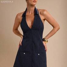 Fengyu Women's Clothing Store  Vestido mini elegante de mujer con cuello en V y cintura ceñida, ropa de mujer para primavera/verano - Azul y blanco - Ver 5