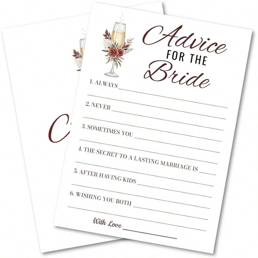 Bridal Shower Party Game Cards, Advice For The Bride For Wedding Engagement Bachelorette, Rose Champagne Glasses, Romantic Bohemian,Ready To Play, Instant Fun - Bridal Shower - View 1