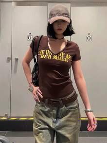 美式復古字母印花短袖女款修身顯瘦慵懶風短版上衣 夏季棕色 - 棕色 - 查看 3