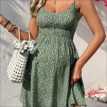 Vestido corto casual de embarazo con tirantes finos y estampado de flores esparcido por todo el tejido - Verde - Ver 2
