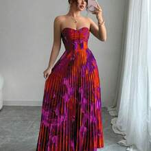 jianchaimaoyi02  Vestido plisado de impresión completa con cintura ajustada tipo bandeau - Morado - Ver 2