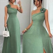 jianchaimaoyi02  Vestido de línea A con abertura, tirantes de hombro, espalda descubierta y ajustable en la cintura, con estampado floral verde. Elegante, romántico, femenino y versátil, ideal para uso casual, negocios, playa y fiestas en primavera/verano. - Verde militar - Ver 2