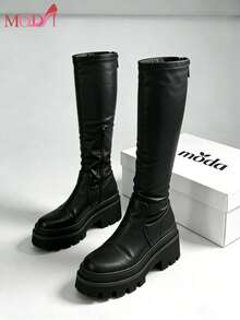 Botas Largas De Mujer Con Tacón Grueso Y Suela Dentada, Botas Altas De Piel Sintética Estilo Casual A La Moda Con Cierre Lateral,Botines casuales de mujer cowgirl botas de piso para mujer calzado casual botas estilo botas western cowboy de tacón bajo suela antideslizante acojinadas botas para fiestas texanas desierto jaripeo festivales trabajo escuela botines cortos casuales botines cortos botas womens boots shoes MODA Cremallera lateral ANUDADO Hebilla Vacaciones,Botas altas de mujer estilo ecuestre vintage piel punta fina tacón grueso con cremallera western para oficina y otoño/invierno,Día de San Valentín - Negro - Ver 8