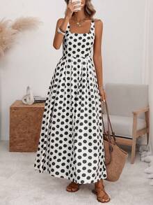 A-Line Midi Dress With Pleated Back, Fitted Waist, Wide Straps And U-Neck, With Back Adjustment, In A Romantic Style Of Large Polka Dots, Elegant Retro French Minimalist, Suitable For Office, Travel, Business, Casual, Beach, Resort, Spring/Summer - 黑白 - 查看 1