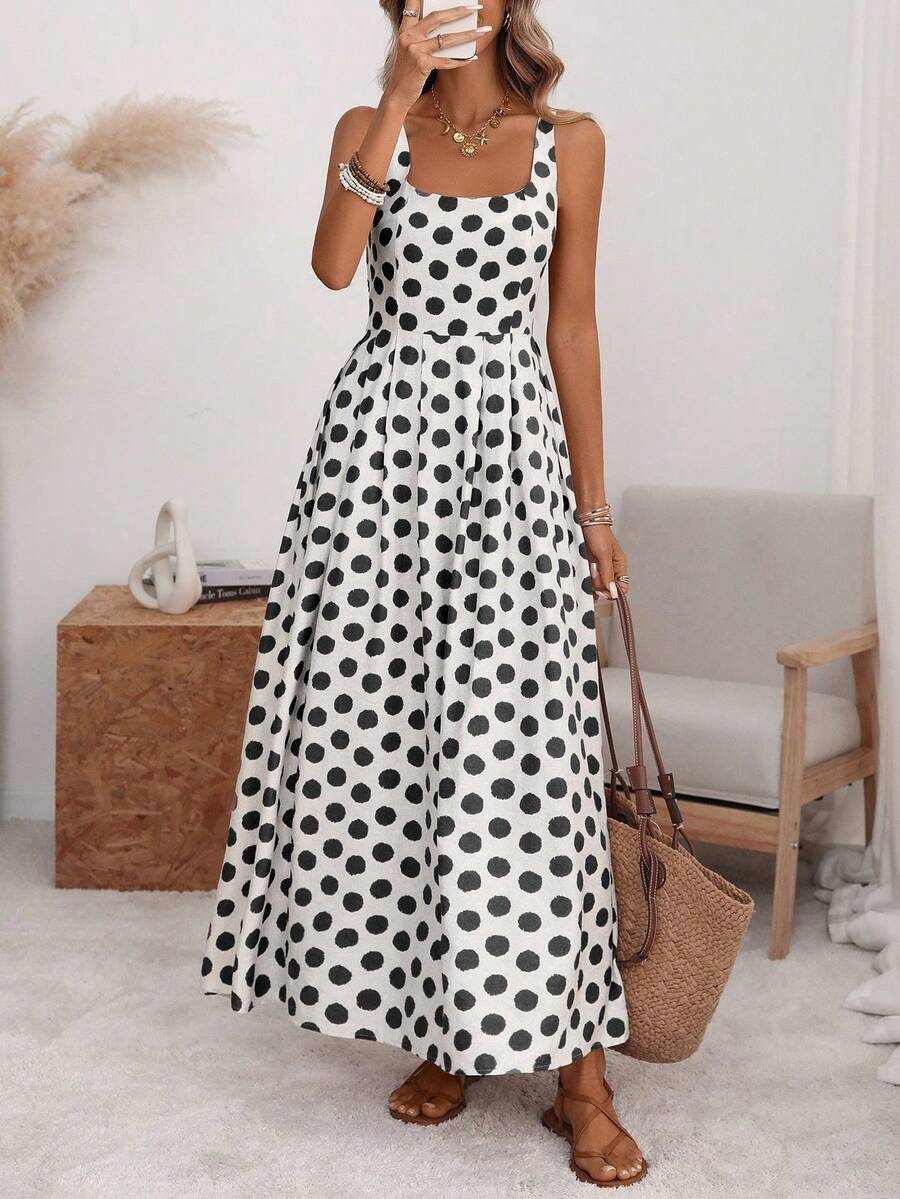 A-Line Midi Dress With Pleated Back, Fitted Waist, Wide Straps And U-Neck, With Back Adjustment, In A Romantic Style Of Large Polka Dots, Elegant Retro French Minimalist, Suitable For Office, Travel, Business, Casual, Beach, Resort, Spring/Summer - 黑白 - 查看 1