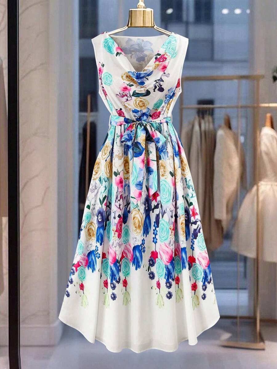 CURVE Vestido de mujer talla grande con estampado floral elegante, sin mangas y con cinturón, estilo vacacional - Multicolor - Ver 1