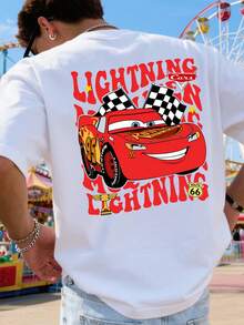 Disney "Racing Cars" Themed T-Shirt, Lightning McQueen Motif T-Shirt, Fashionable Streetwear Outfit, Durable Cotton Short-Sleeved T-Shirt For Men, Comfortable And Breathable, Retro Racing Car Print, Everyday Wear, Ideal For Relaxed Outfits And Streetwear, Summer Wear, Gift For Men - 白色 - 查看 1