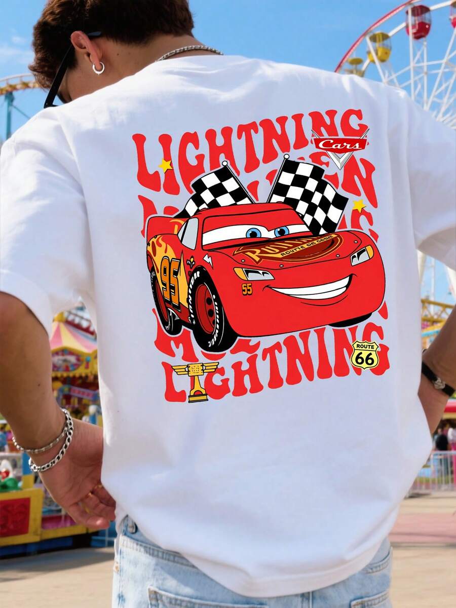Disney "Racing Cars" Themed T-Shirt, Lightning McQueen Motif T-Shirt, Fashionable Streetwear Outfit, Durable Cotton Short-Sleeved T-Shirt For Men, Comfortable And Breathable, Retro Racing Car Print, Everyday Wear, Ideal For Relaxed Outfits And Streetwear, Summer Wear, Gift For Men - 白色 - 查看 1