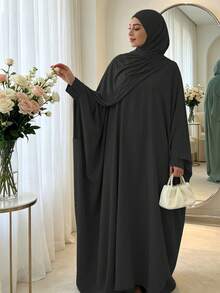 1pc Solid Color Batwing Sleeve Muslim Dress, Conservative Prayer, Outing, Classic Versatile Abaya For Women's Daily Wear, Suitable For All Seasons - Multicolor - View 8
