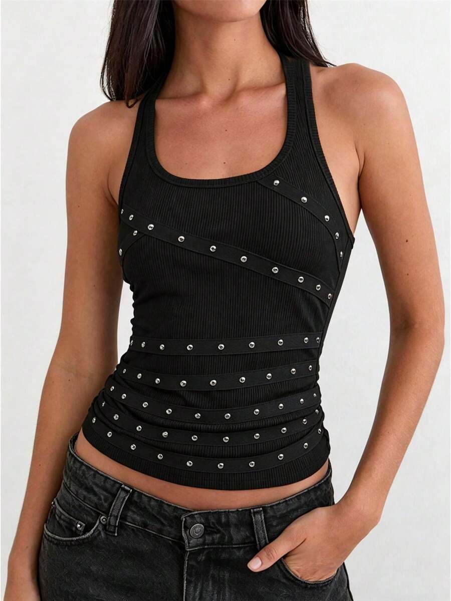 Womens Rivets Studded Halter Neck Plunge Cami Top Self-Tie Spaghetti Straps V-Neck Cut Out Front Crop Tank Top Camisole Vest Y2K Streetwear Party Tops - F208317-黑色 - 查看 1