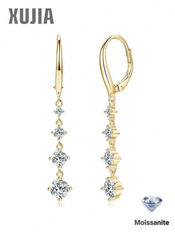 XUJIA 1Pair Of Graduated Moissanite Linear Drop Earrings, 14K Gold Plated 925 Sterling Silver Leverback Dangle Earrings Ideal Jewelry Gift For Her