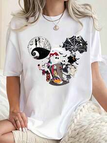 Disney Women Round Neck T Shirt Nightmare Before Christmas Characters Print Casual Loose Fit Top For Halloween Party 220g - trắng - Xem 1