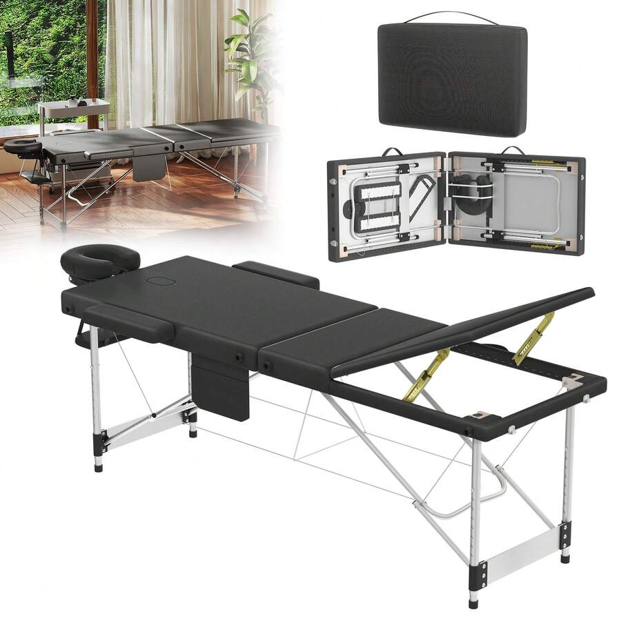Table de massage à 3 zones réglables en hauteur, table de massage pliable, table/lit de massage portable avec accessoires, appui-tête, accoudoirs et sac de transport, noir/blanc/beige - Noir - Voir 1
