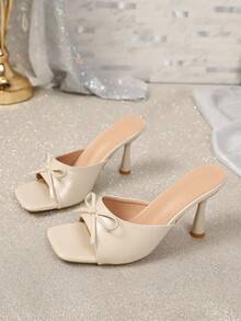 Sandal Hak Tinggi Tebal Wanita, Musim Panas, Warna Polos, Ujung Terbuka, Model Selop, Cocok untuk Sandal Hak Tinggi Wanita - Krem - View 3