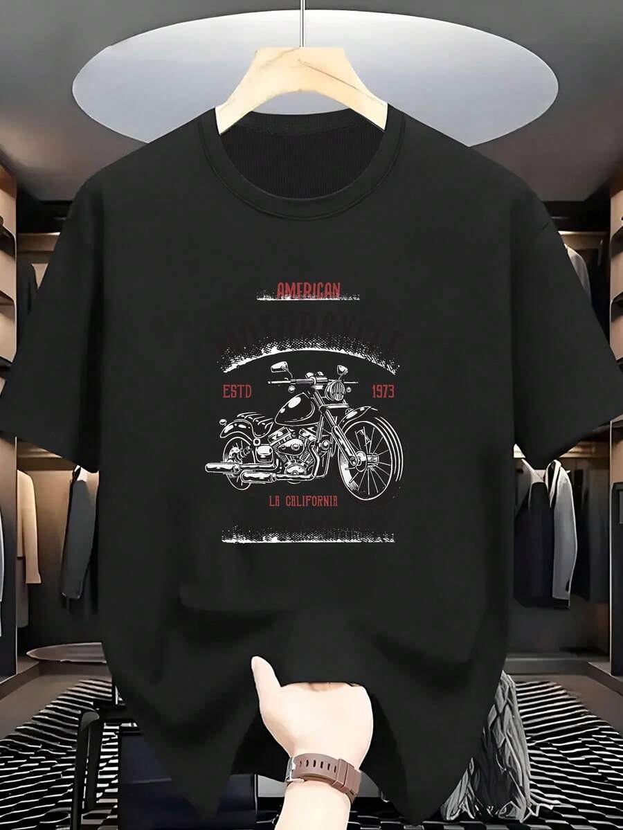 Minimalist. 100% Cotton. 1pacPlus Men's Plus-Size T-Shirt, 100% Cotton. Classic American Motorcycle Motif, Crew Neck, Short Sleeves. Vintage Biker Style With Motorcycle Elements. Comfortable And Casual Short-Sleeved T-Shirt For Summer. Spring/Summer Top. - Black - View 1