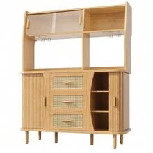 High-Quality Sideboard With Rattan Look And Glass Sliding Doors, 174.5cm High Kitchen Cabinet With Storage Space, Natural Wood/Walnut Look, Load Capacity Up To 60kg - Wood - 查看 6