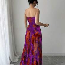 jianchaimaoyi02  Vestido plisado de impresión completa con cintura ajustada tipo bandeau - Morado - Ver 3