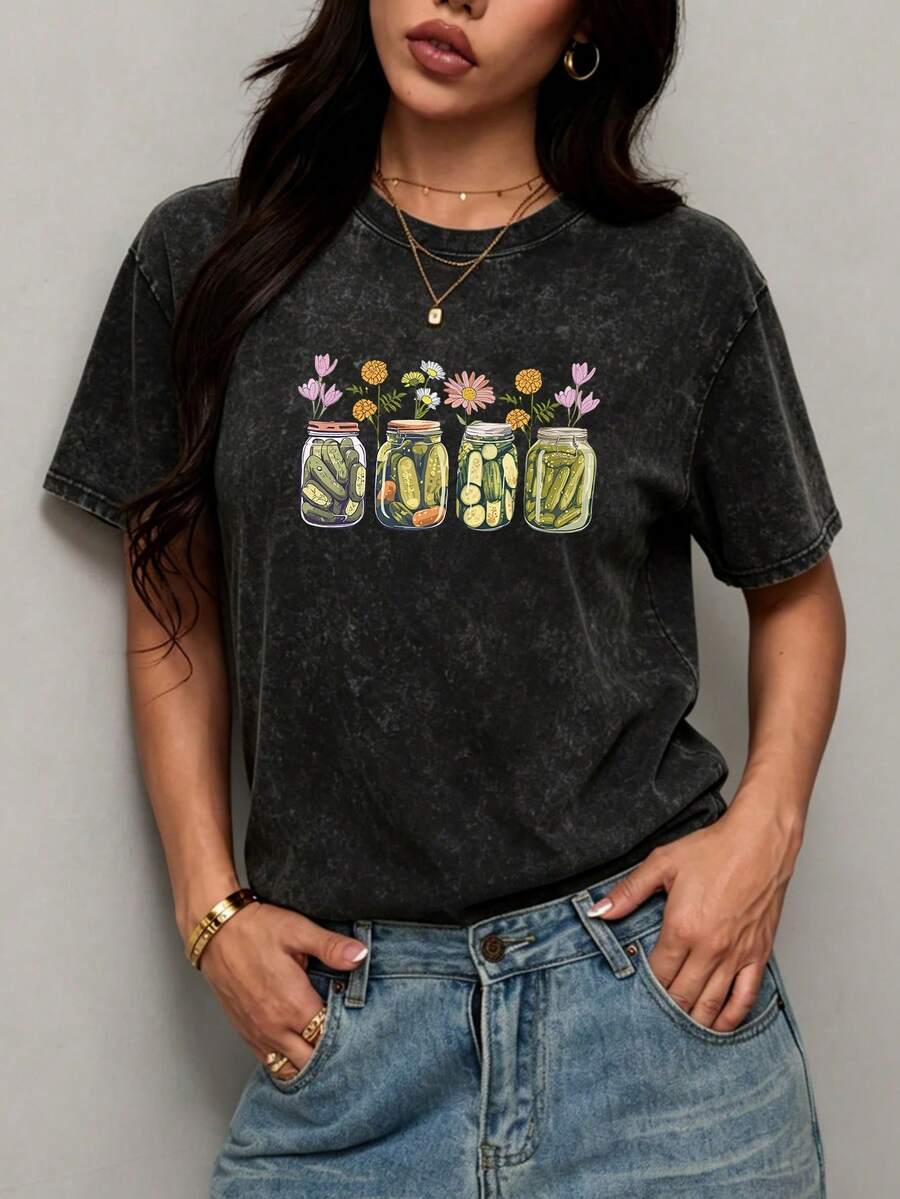 Fun Pickle Jar & Floral Print Washed Tee, Oversized Casual Style, Perfect For Summer Daily Wear, Street Hangouts, Loungewear, Comfy Women's Top - Black - View 1