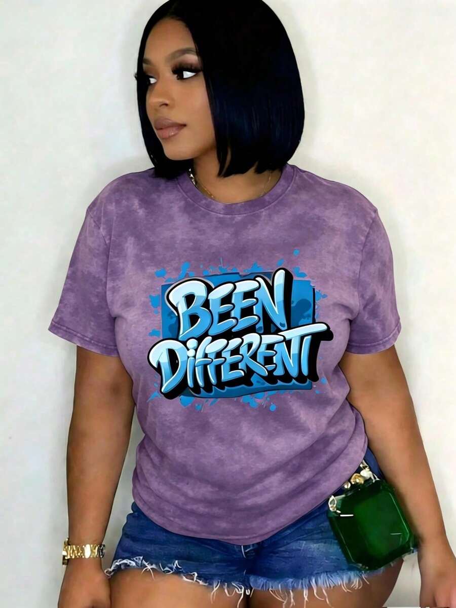 Women's Oversized Graphic Short-Sleeve T-Shirt, Blue Graffiti-Inspired Design, Comfortable Fashionable Women's Clothing, Retro Y2K Lovers, Campus Commuting, Music Festivals, Brunch Dates, Blend Top - 紫色 1 - 查看 1
