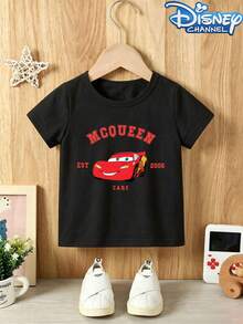 Disney Cars Lightning McQueen Themed Pattern Casual Baby Short-Sleeve T-Shirt, Crew Neck Design. It Is An Ideal Choice For Baby Boys And Girls To Wear For Summer Outdoor Activities And Travels, And Also A Wonderful Gift For Kids Visiting Disneyland. - Black - View 2