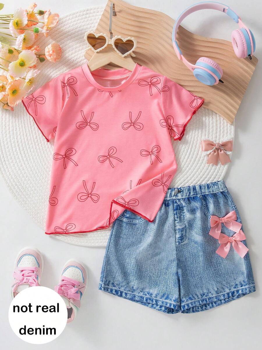 2pcs Girls Casual Bow Print Short Sleeve Top And Bow Decor Print Shorts Set, Summer - Pink - View 1